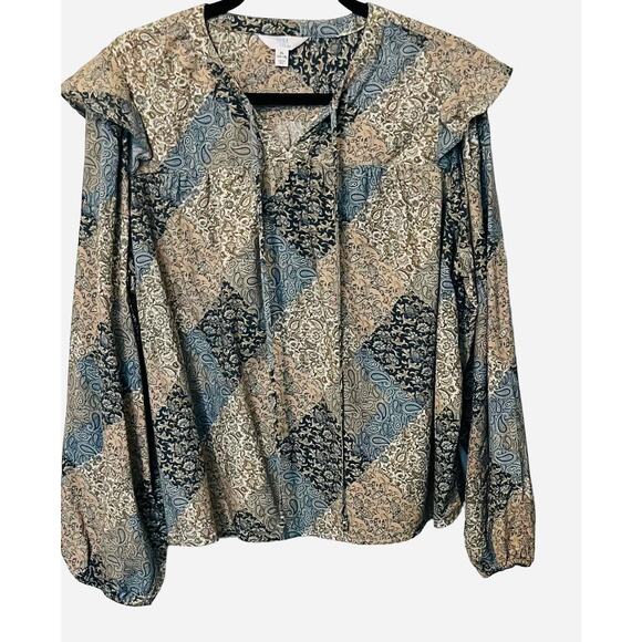 TIME & TRU LONG SLEEVE PEASANT BLOUSE, WOMENS, XL(16-18), BLUE TAN WHITE PAISLEY - Picture 3 of 10